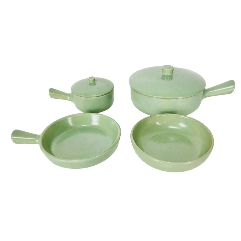 VTG 40s 50s MCM La Solana Stoneware Pottery Cookware Set Pots Pans & Bowl Green